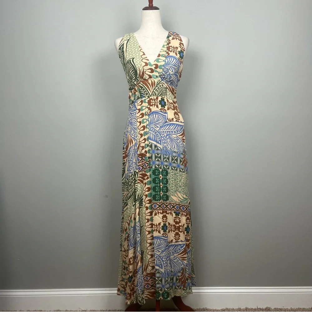 NWT‎ Vince Camuto Green and Brown Patchwork Maxi Dress Halter T Back SZ L